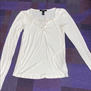 White Criss-cross Ribbed Long Sleeve Shirt